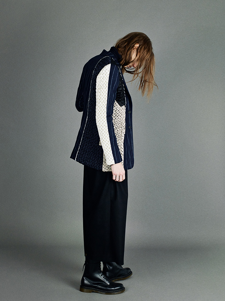 blue rope stripe single breasted jacket with smocking details white wide leg trousers